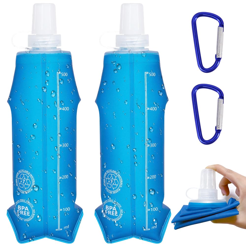 Mineup 2PCS Soft Flask, 500 ML Składana butelka, BPA Darmowe Nawilżanie Butelka, Sportowa Torba Na Wodę, Wielokrotnego Użytku Na Piesze Wycieczki, Bieganie, Backpacking, Maraton