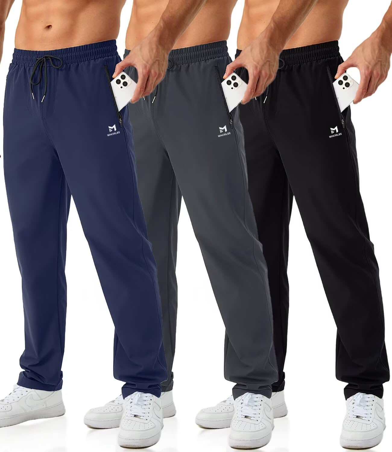 Mens Joggers with Zipper Pockets Open Bottom Sweatpants for Men 3 Pack Lightweight Track Pants Men for Workout