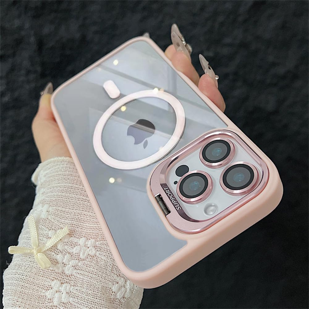 Magnetyczne etui odporne na wstrząsy do iPhone'a 17 16 15 14 Plus 13 12 11 Pro Max, podstawka Funda, szklana osłona obiektywu, różowe, do iPhone'a 12, 12 Pro