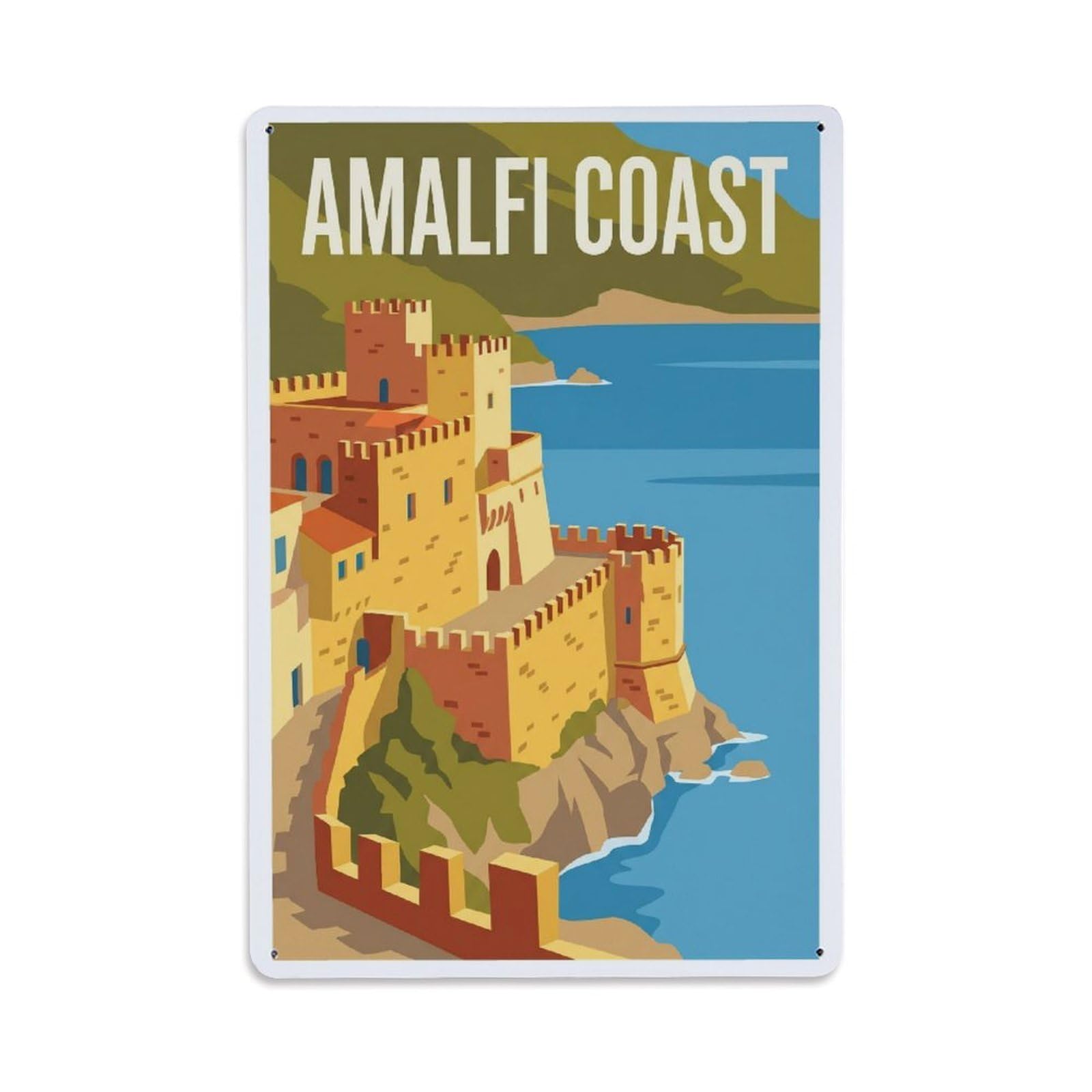 Vintage Travel Fortress Italy Coastal Metal Tin Sign Plaque Wall Decor for Cafe, Club Bar, Office, Home Garden Metal Poster 8x12Inch