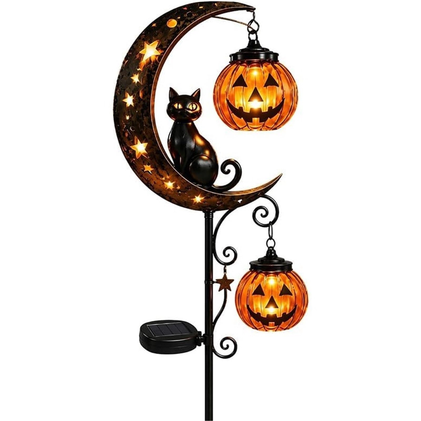 ANQKYO Solar Black Cat and Pumpkin Moon Garden Light Solar Black Cat and Pumpkin Moon Garden Stake Light, Waterproof On Crescent with Hanging Lantern