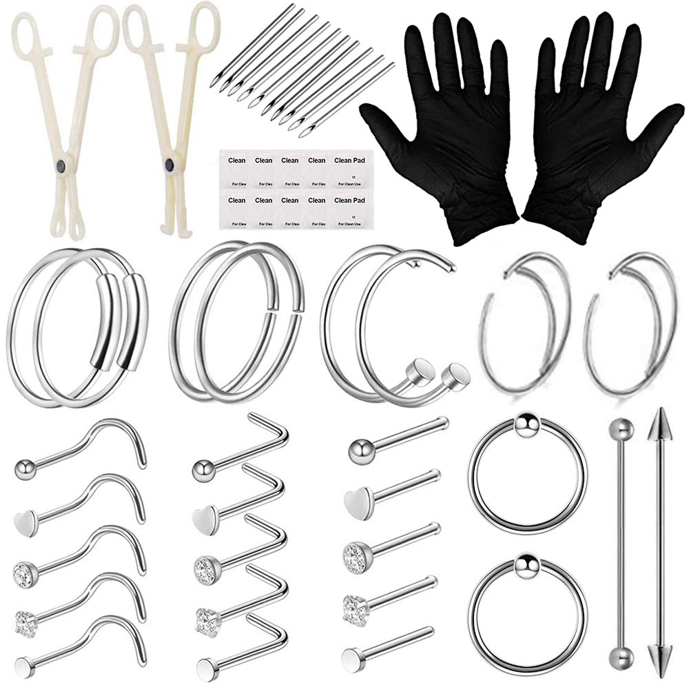 Body Piercing Kit - 51Pcs Professional Nose Piercing Kit Includes Piercing Jewellery Piercing Needles 16G 20G Piercing Clamps Nose Ring Studs Nose Nail for Body Piercing Kit Piercing Supplies
