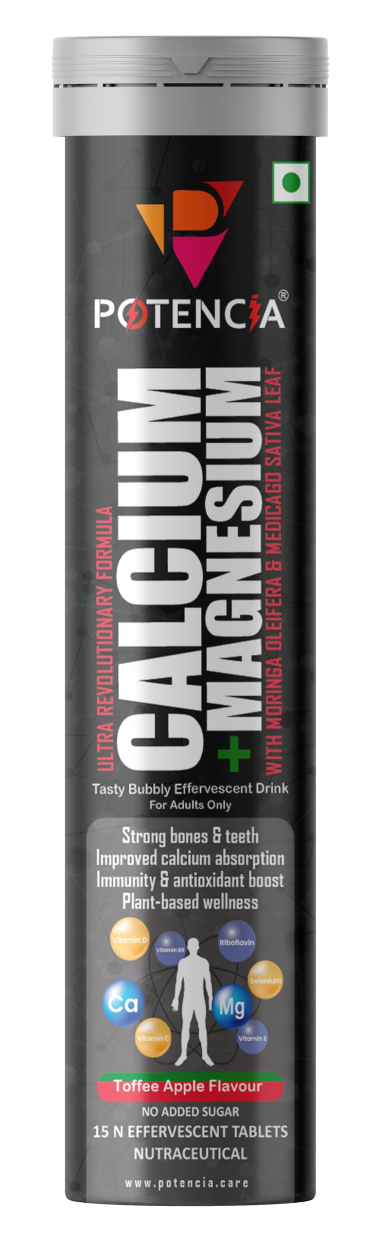 POTENCIA Calcium + Magnesium Effervescent Tablets | With Vitamin D, C, B6, E, Selenium & Plant Extracts | No Added Sugar | TOFFEE APPLE | 15 Fizzy Tablets-image-19
