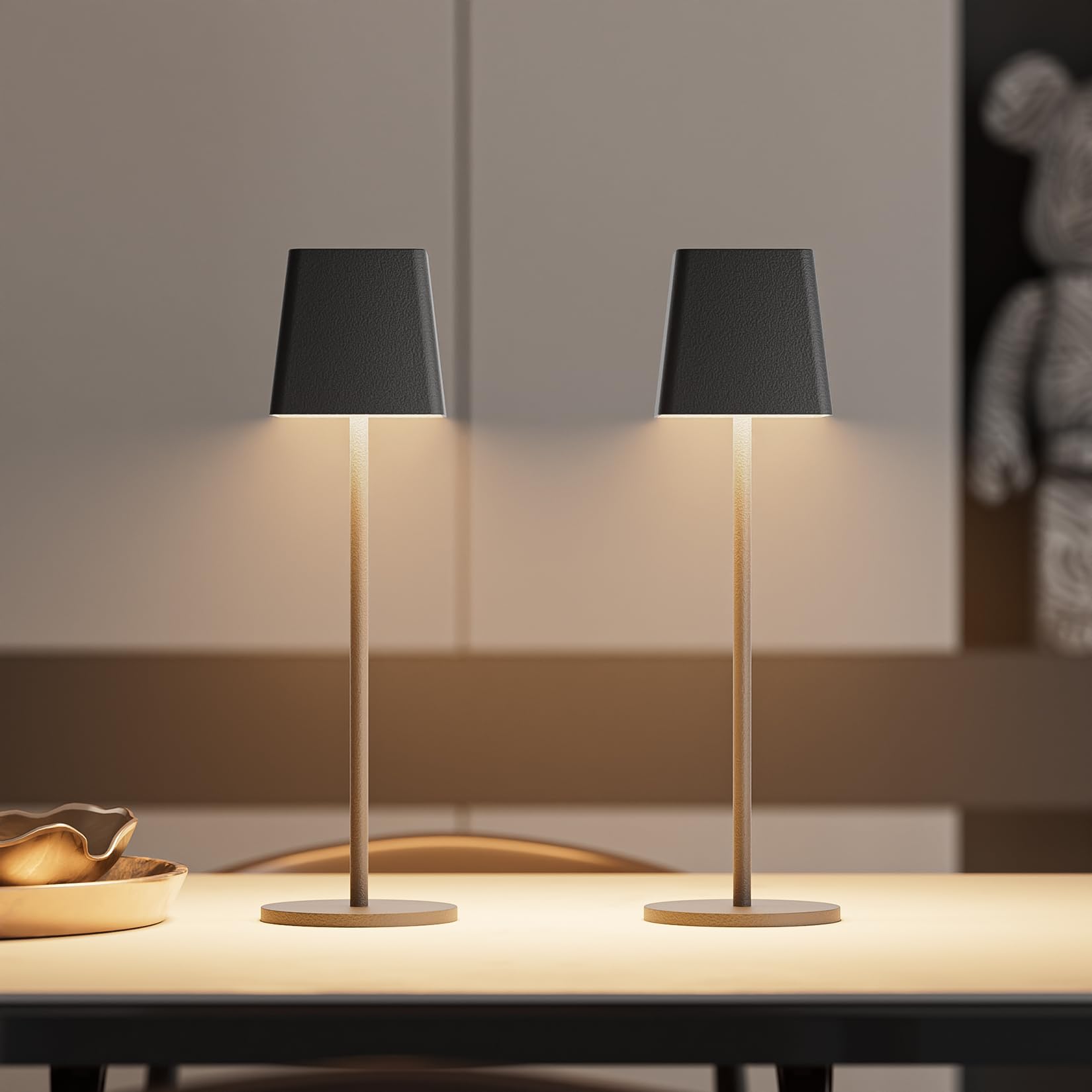 K-Bright 2 pezzi Lampada LED Dimmerabile da tavolo in alluminio, H38cm, Ricaricabile Colore luce calda Per interni/esterni Lampada da scrivania senza fili con 1m USB-C (Nero)