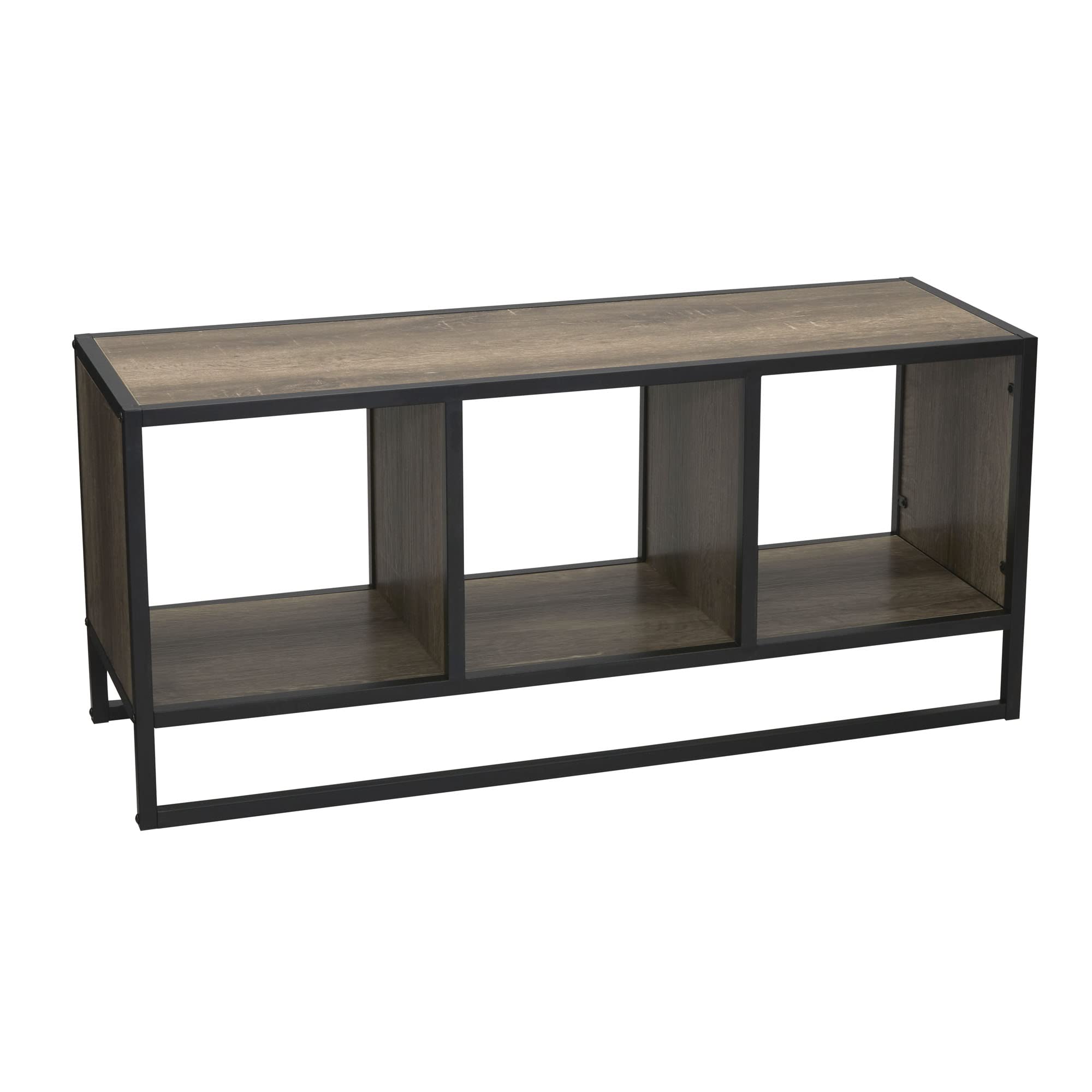Household Essentials Jamestown TV Stand Coffee Table with Square Cube Storage Compartments Ashwood Rustic Wood Grain and Black Metal