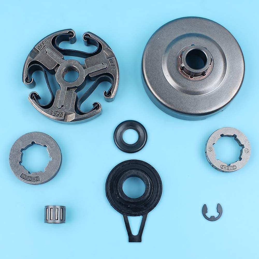 Kit de Tambor de Embrague de Rueda Dentada de llanta de 3/8 "7T 8T Compatible con Motosierra Husqvarna 365372 372XP 371362 con Clip de arandela de cojinete de Aguja de Engranaje helicoidal