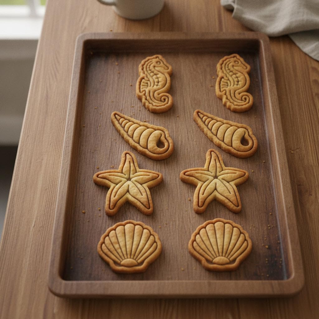 BAKERLOGY Lot de 4 Hippocampe, Coquillage, Étoile de Mer & Coquillage Turritelle Mini Emporte-pièces & Tampons – Embosseurs Marins pour Pâte à Sucre, Biscuits, Cupcakes & Fête Sirène