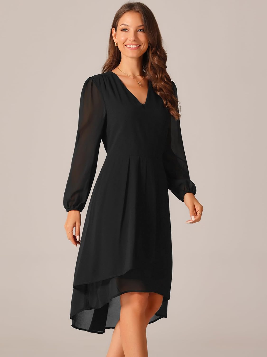 Seta T Women's V Neck Long Sleeve Dresses Chiffon Pleated High Low Asymmetrical Hem Wedding Guest Dress - Image 2