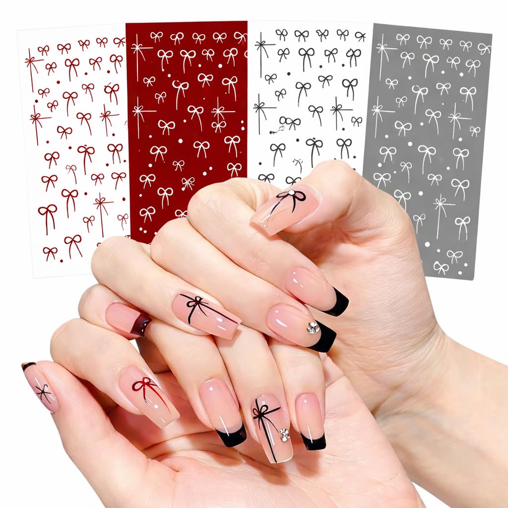 S.A.V.I 4 Sheets - Self-Adhesive Bow Nail Art Stickers, (Red, Dark Red, Black, White), Ultra-Thin DIY Decals, Minimal Ribbon Design for Gel, Acrylic & Natural Manicure-image-36