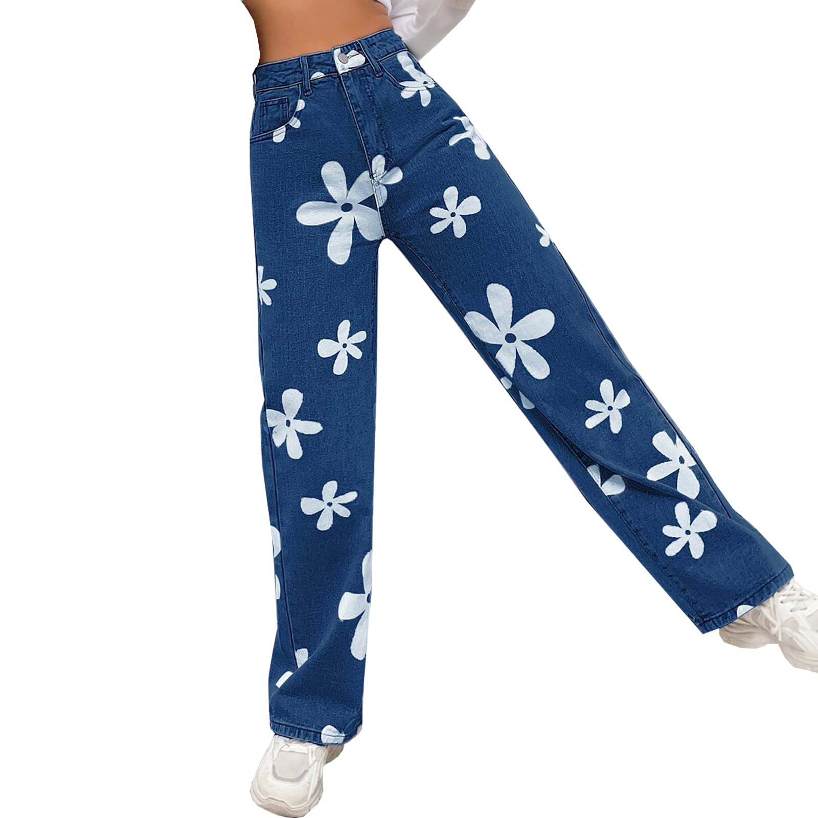 Women's Flower Print Y2K Fashion Wide Leg High Waist Denim Pants Boyfriend Jeans Loose Fit Vintage Jeans for Teen Girls