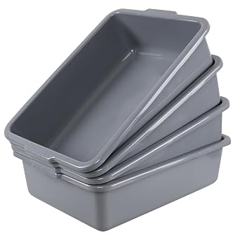 23 L Large Commercial Bus Tub, Restaurant Plastic Bus Box, 4 Pack | Dish Pan, Gray