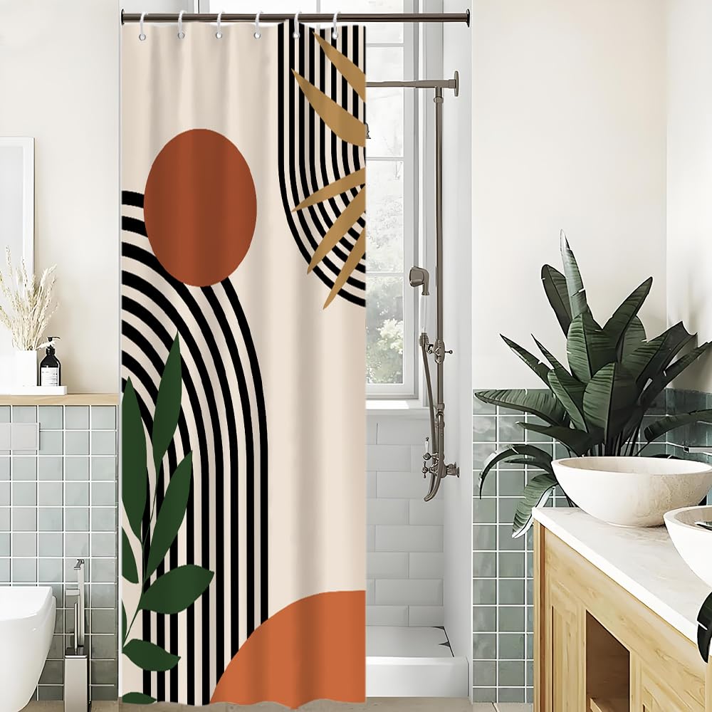 Rideau Douche Anti Moisissure, Rideau de Douche Terracotta 90x180cm Tissu Lavable Étroit Orange Boheme Rideaux de Baignoire Abstrait Petit Imperméable Rideaux Salle de Bain avec 6 Crochets