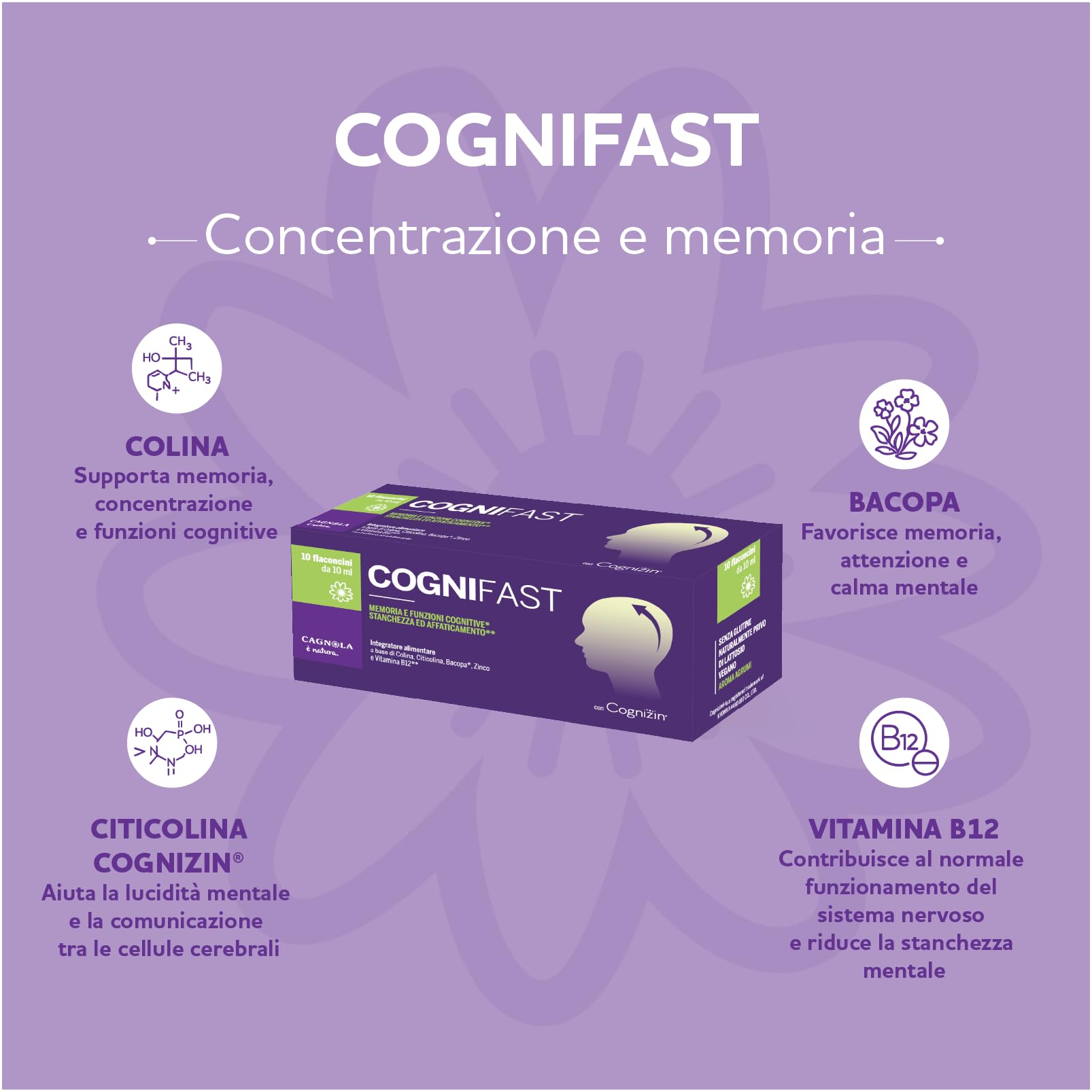 CAGNOLA | Integratore Memoria e Funzioni Cognitive, Stanchezza e Affaticamento, Cogniflash 10 Flaconi da 10 ml, Ideale per la Concentrazione, con Colina, Bacopa, Zinco e Vitamina B12