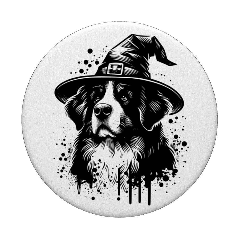 Witchy Bernese Mountain Halloween Vintage Dog Portrait PopSockets Swappable PopGrip, Black - Image 3