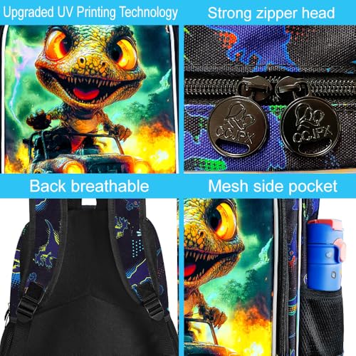Image of 16 inch Dinosaur Backpack, Boys Kids Bookbag with Lunch Box, 3Pcs Dino Truck School Backpacks for Elementary Preschool Kindergarten (Black)