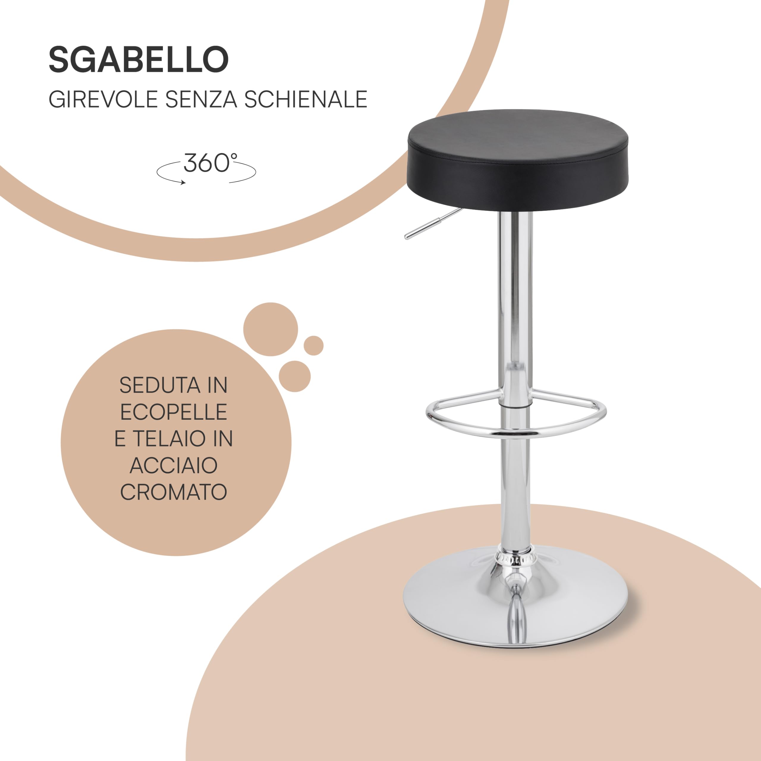 Baroni Home Sgabello Bar Girevole con Altezza Regolabile, Base Cromata con Poggiapiedi e Fondo Antigraffio, Sgabello Cucina, Ristorante, Penisola, Facile da Montare, 35x45x59-79 cm, Nero, 1 Pezzo