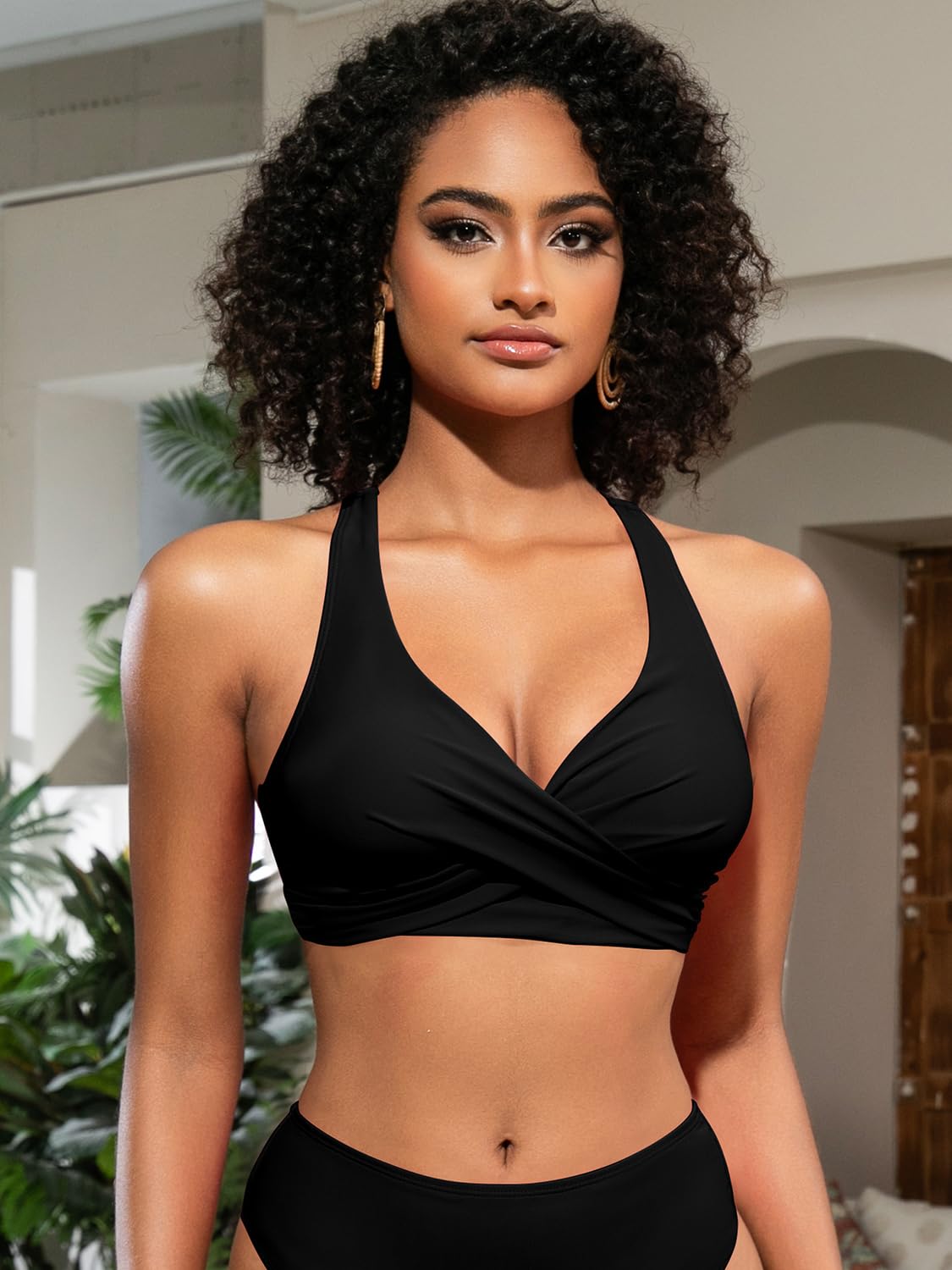 SHEKINI Top de Bikini para Mujer con Espalda Abierta Plisada Cruzada Push Up Cuello en V Ajustable Ropa de Playa