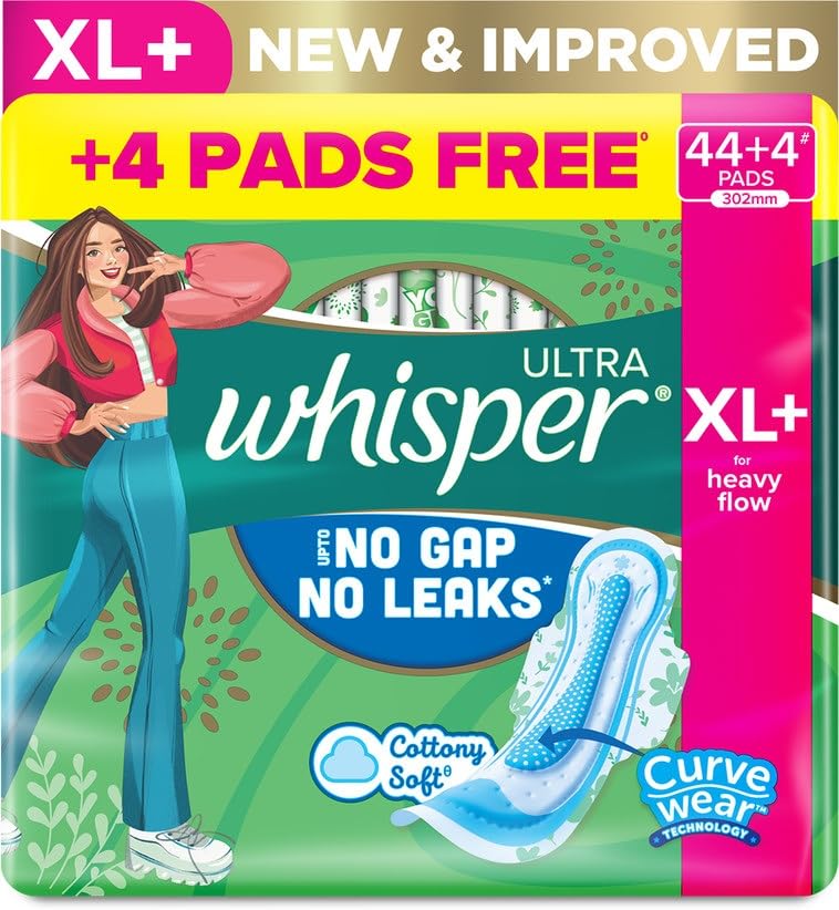 Image of Whisper Ultra XL+ Sanitary Pads, 48 Count, Heavy Flow Protection, No Gap No Leaks, Cotton Like Softness, With Curvewear Technology, Disposable