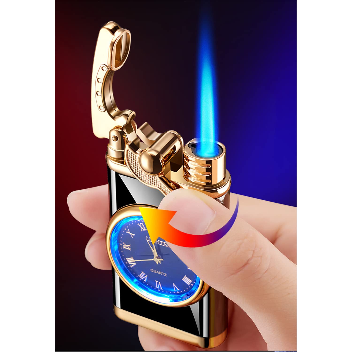 Reloj con Brazo Basculante Metal Reutilizable a Prueba de Viento Trinchera Encendedor Jet Butano Antorcha Más Ligero Cigarro Mechero Gadgets para Hombres Papá Marido,Black