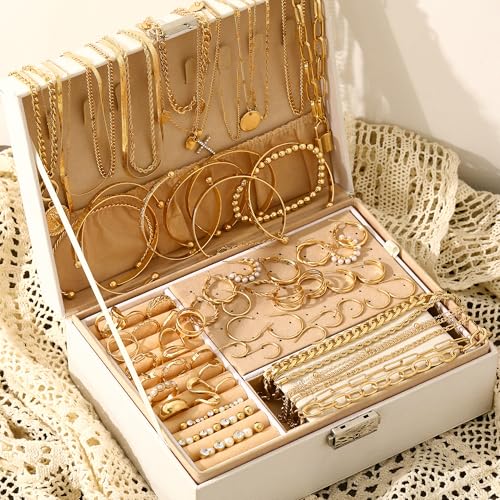 Image of FAXHION 68 Pcs Gold Jewelry Set for Women with 7 Necklace, 17 Bracelet, 5 Hoop Earrings, 15 Stud Earrings, 24 Knuckle Rings for Women Jewelry Set for Women Gift
