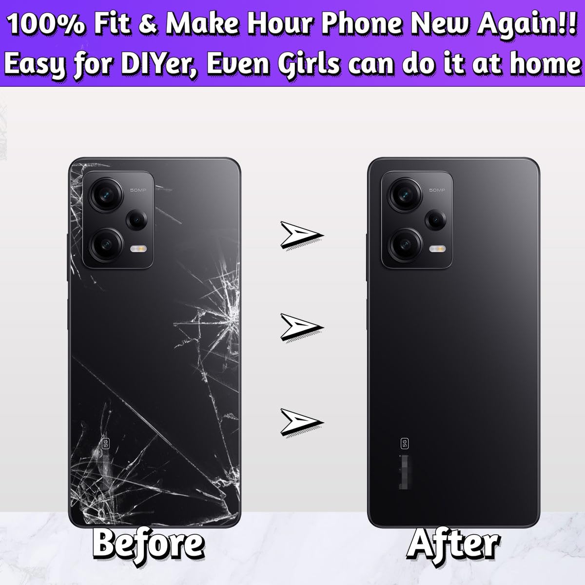 LUVSS Back Glass Cover Replacement Compitable for Xiaomi Redmi Note 12 Pro 5G Rear Cover + Repair Manual DIY Tools Kit (Black) - Image 3