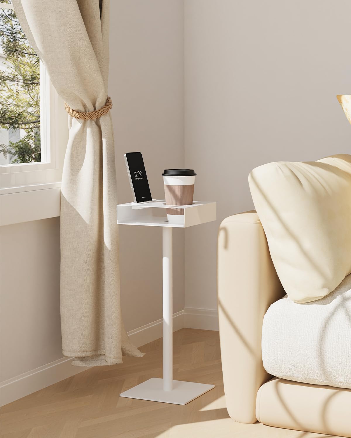 Yawinhe Lot de 1 Table d’appoint Métal,Carré Petite Table de Bout,Blanc | Table Basse Compacte pour Petits Espaces,Bout de canapé avec Fente, pour Téléphone Portable en Porte-coupe