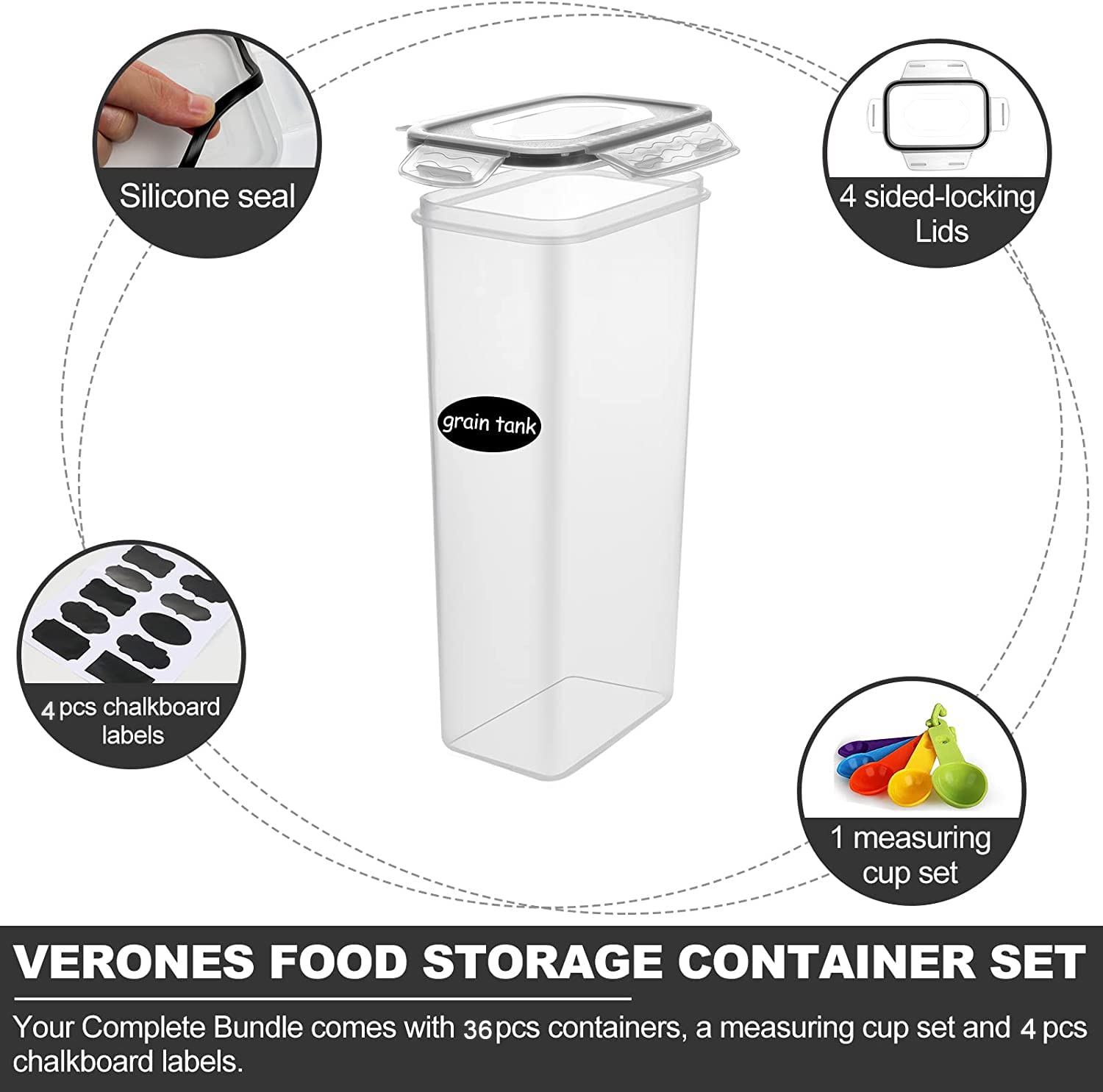 Cereal Storage Container Set, VERONES 36pcs Airtight Food Storage Containers, BPA Free Kitchen Pantry Organization for Flour, Sugar, Cereal Plastic Canisters with Black Locking Lids