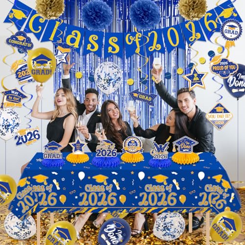 Image of Graduation Decorations 2026 Blue and Gold Class of 2026 Banner Congrats Grad Backdrop Paper Pompoms Hanging Swirls and Balloons for 2026 Graduations Party Decorations Supplies