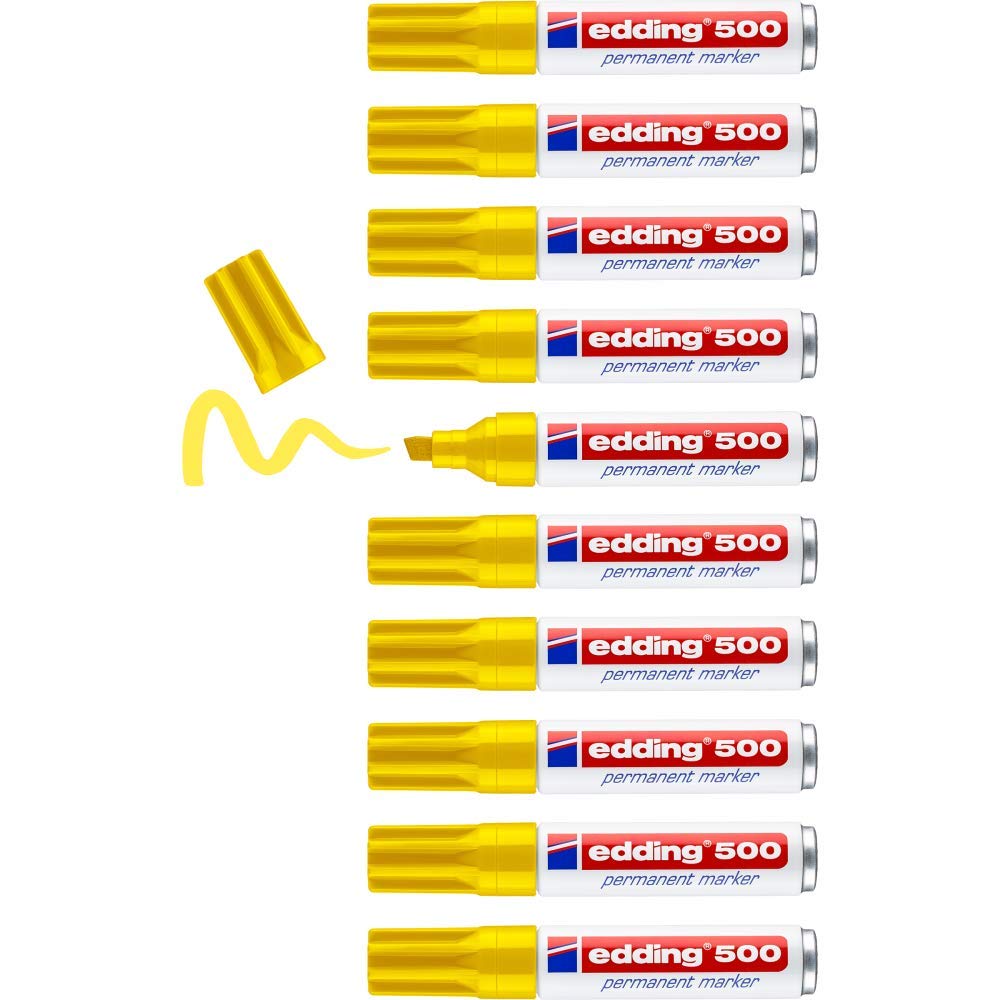 edding 500 marcador permanente - amarillo - 10 rotuladores - punta biselada 2-7 mm - resistente al agua, de secado rápido, rotuladores indelebles - para cartón, plástico, madera, metal, vidrio