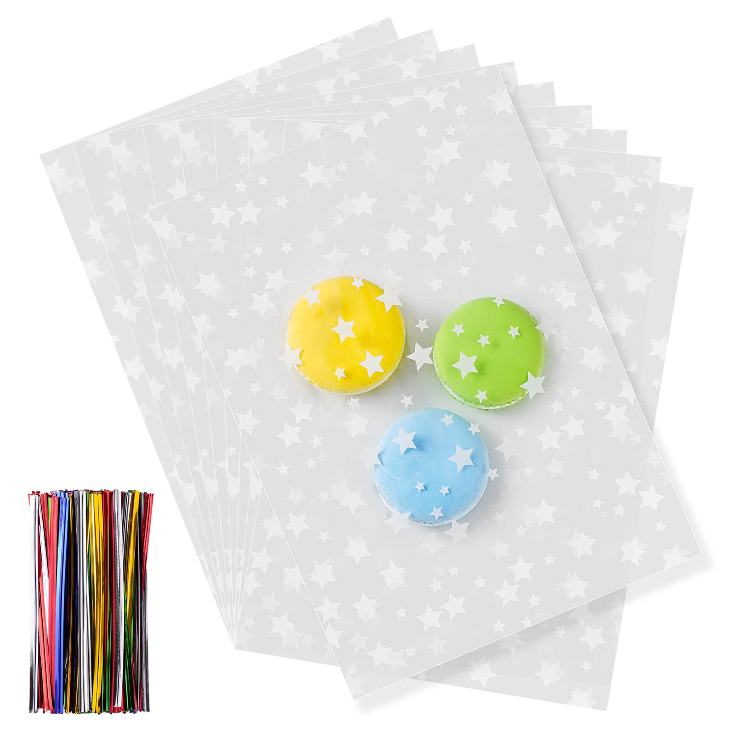 ZIMCEMS Zellophan-Geschenktüten Mit Goldfarbenen Sternen – 100 Stück (12,7x17,8 Cm) Mit Bindebändern Für Partygeschenke