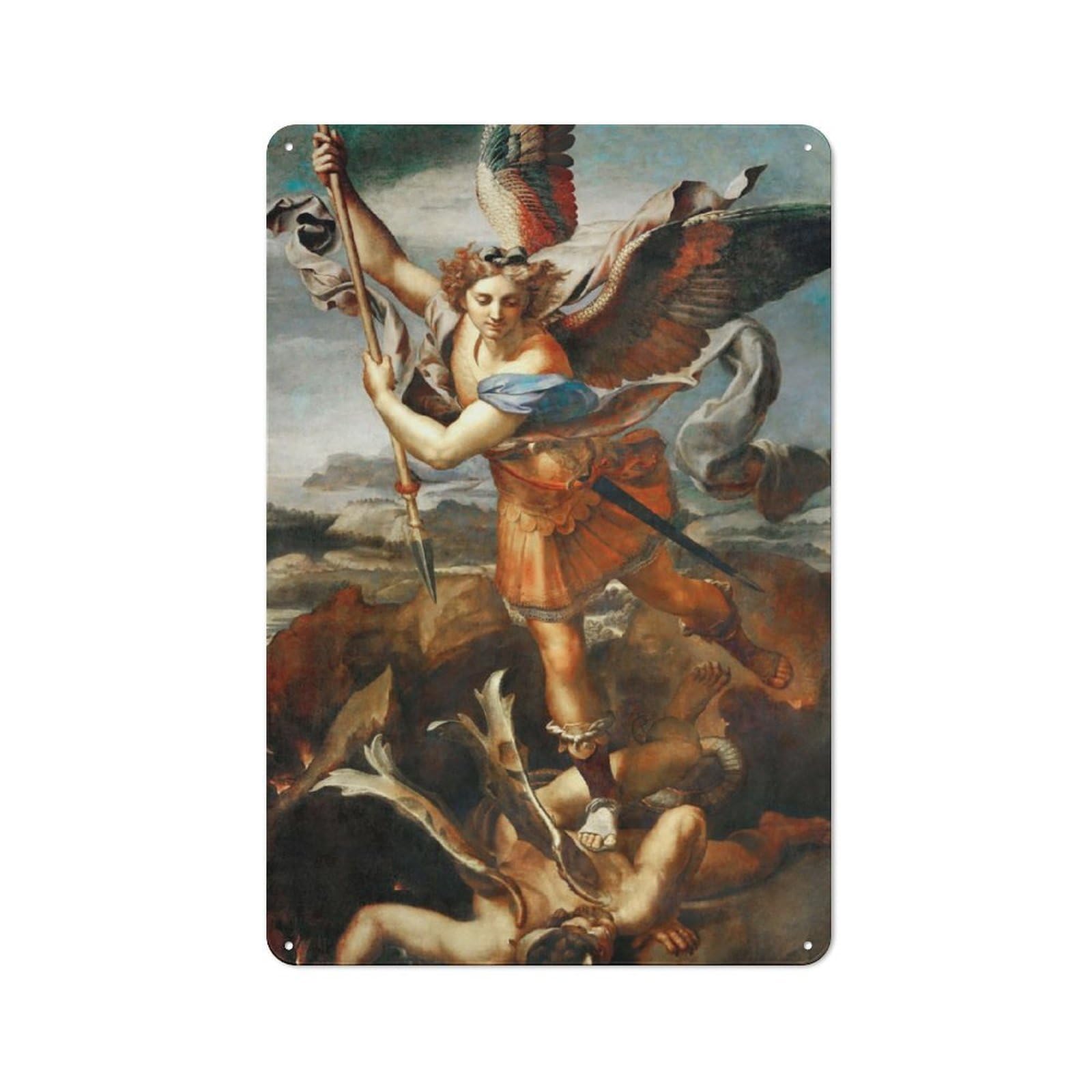 Junmoney St Michael Vanquish Satan Vintage Metal Wall Decor 30X20cm, Tin Wall Sign For Coffee Bar, Kitchen, Bistro Or Tea Corner