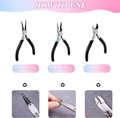 Miniatura 28 de Juego de 5 alicates de joyería, juego de herramientas de alicates para hacer joyas, incluye aguja, nariz, cadena, nariz, alicates doblados redondos