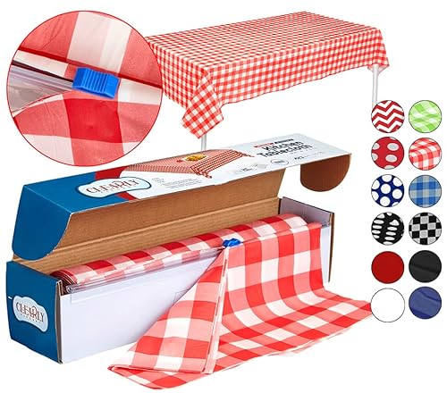 Red Gingham Plastic Tablecloth Roll With Cutter, 100' X 52" - Heavy Duty Party Table Cloth In Self Cutting Box - For Picnics, Bbqs, And Birthday Parties - By Clearly Elegant #TOP1