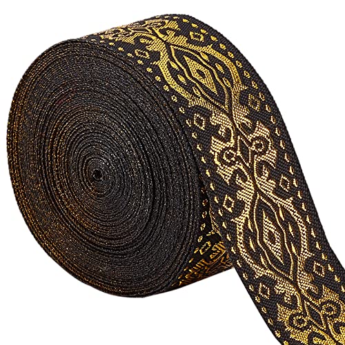 GORGECRAFT Ruban Jacquard Ethnique 33mm de Large Double Face Doré Broderie Florale Polyester Rubans Tissés Bande de Frange de Garniture Noire pour DIY...