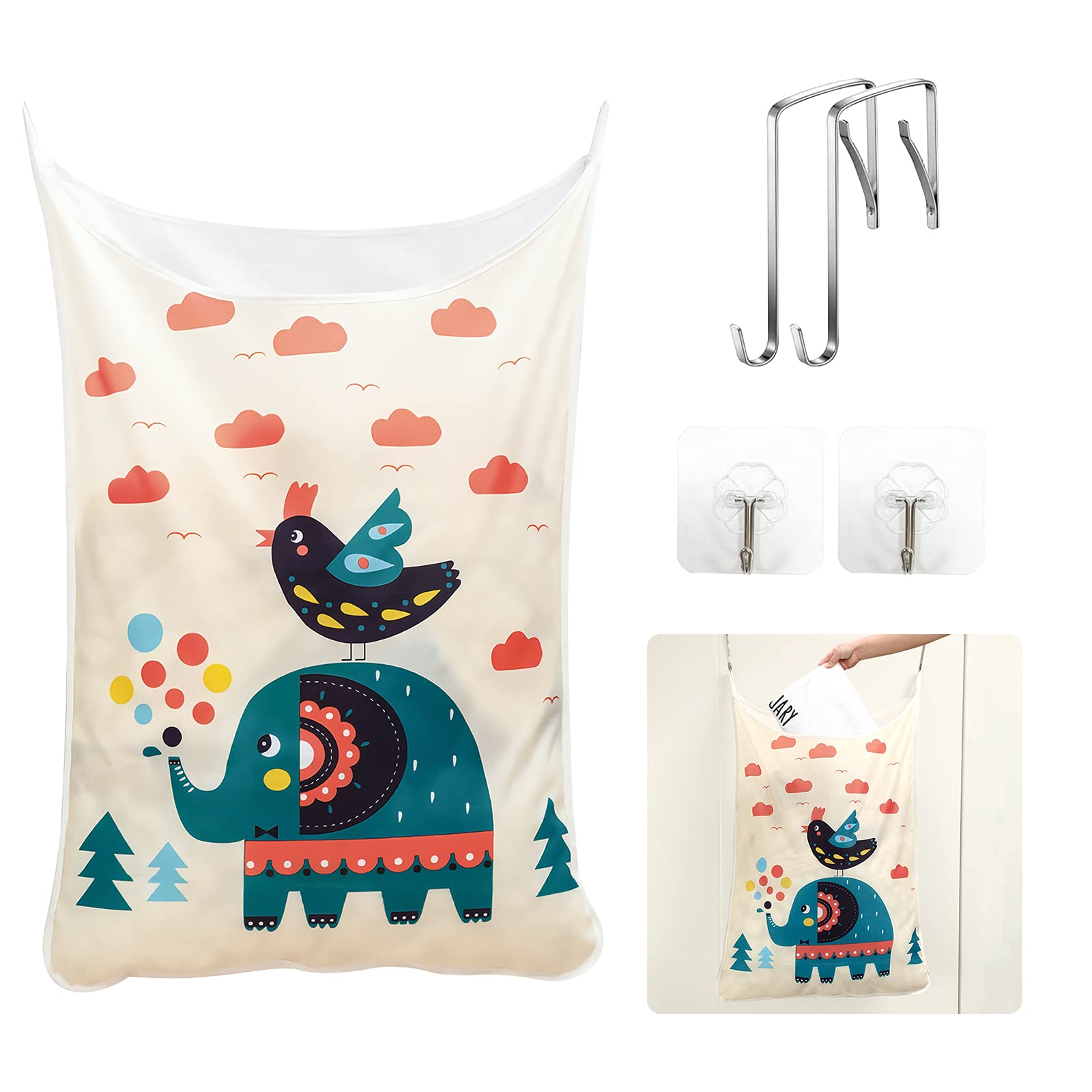 Elephant Hanging Laundry Hamper Bag, Large Over the Door Hanging Laundry Hamper with 2 Hook Types, JOENCOST Saving Space Wall Hanging Laundry Basket for Dirty Clothes Bathroom Home Dormitory