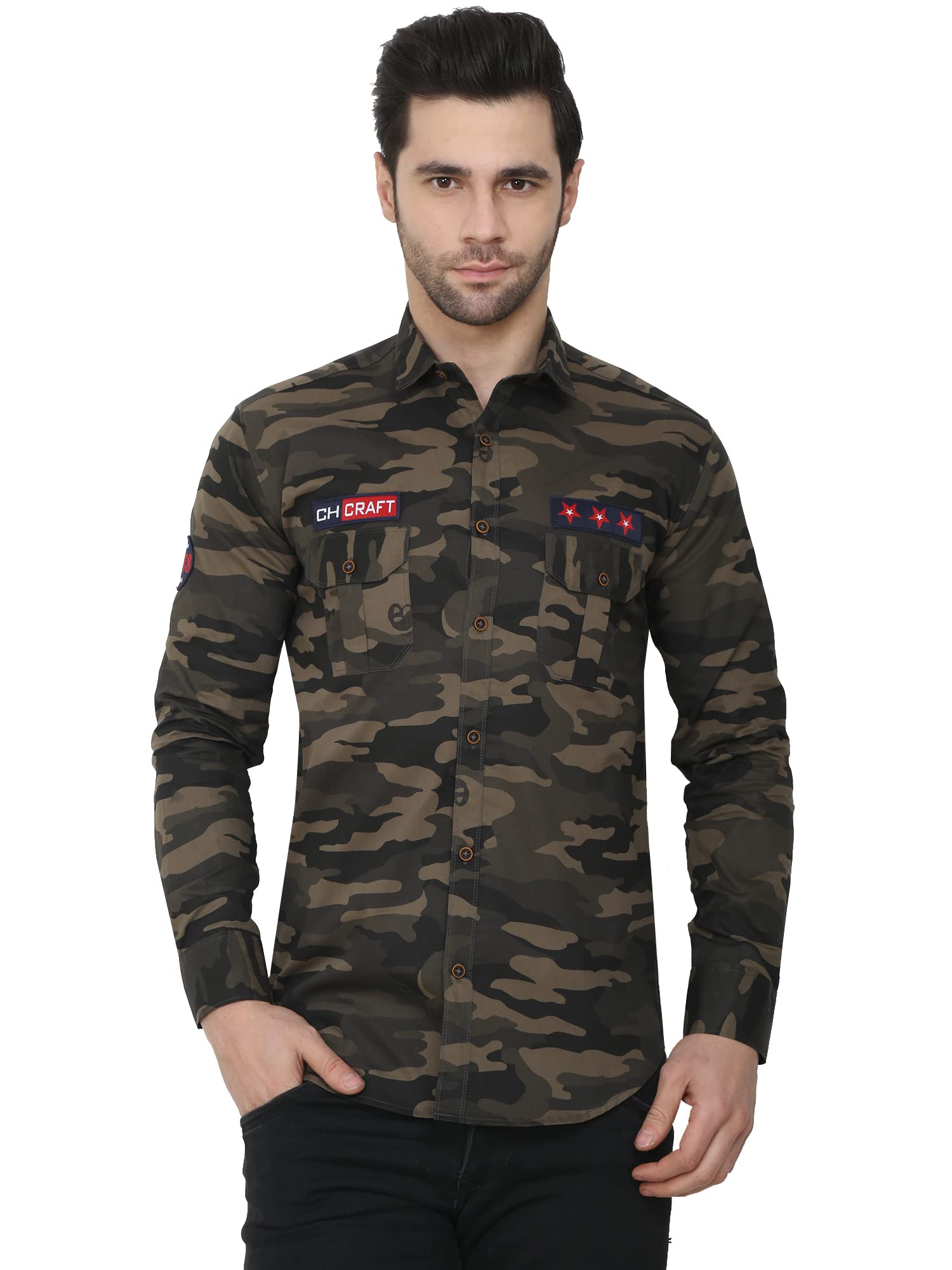 CRAFT HEAVENMen's Cotton Camouflage Army Military Print Regular Fit Full Sleeves Casual Shirt