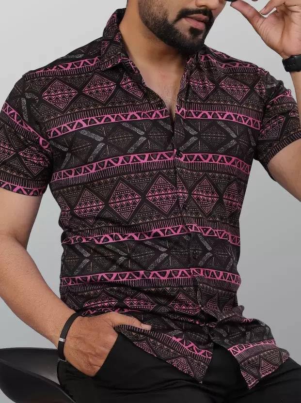 Image of LookMark Men's Trendy Lycra Blend Spread Collar Half Sleeve Printed Shirts - Elevate Your Style with Comfort and Versatility (Pack of 2)