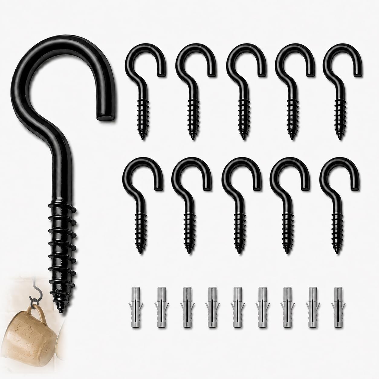 GUGUGO Screw Hooks M6 x 80 mm 10 Pack with Wall Plugs, Black Open Eye Self-Tapping Screws, Heavy Duty Stainless Steel Screw-in Hangers for Plants, Lights, Tools, Artwork, Indoor and Outdoor Use — image 1
