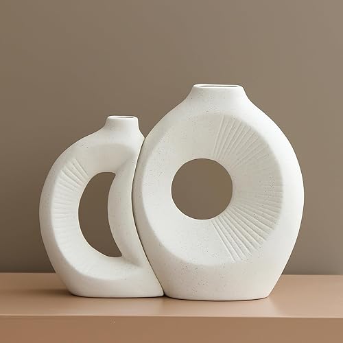 Juego de 2 jarrones de cerámica blanca mate, jarrón hueco para decoración de mesa de comedor, moderno y minimalista bohemio, juego de sol y luna