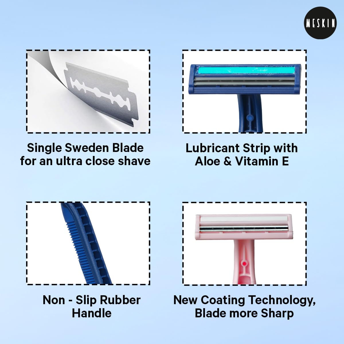 MESKIN 5Pcs Twin Blade Full Body Razor Sweden Stainless Steel Twin Blade Micro Shave Technology Anti-Slip Rubberised Grip for Better Shave Pink Rubber Grip Razor (Pack of 5) (Blue) 3