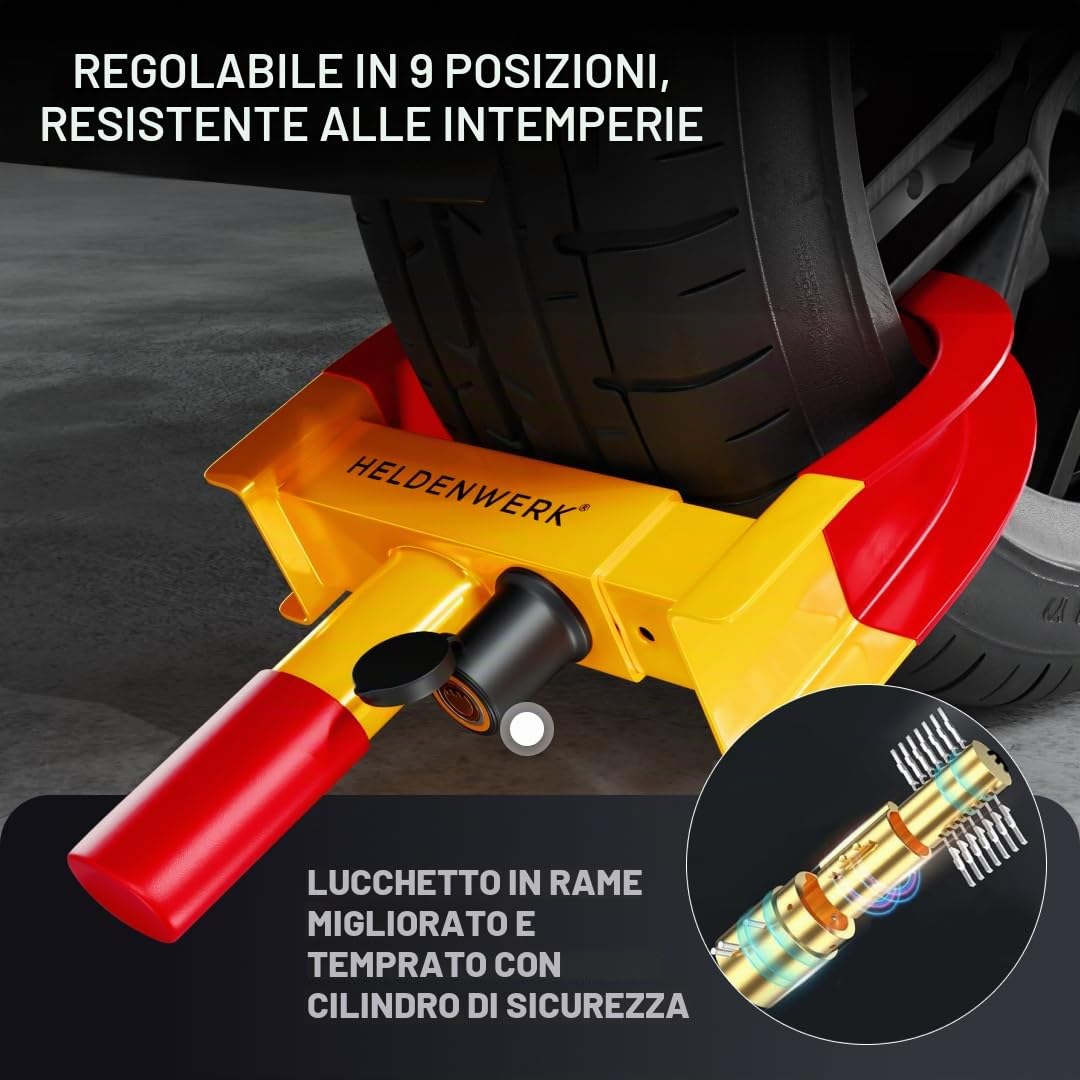 Heldenwerk Morsetto di parcheggio per ruota con serratura ad alta sicurezza e 3 chiavi rimorchi camper roulotte auto pneumatici