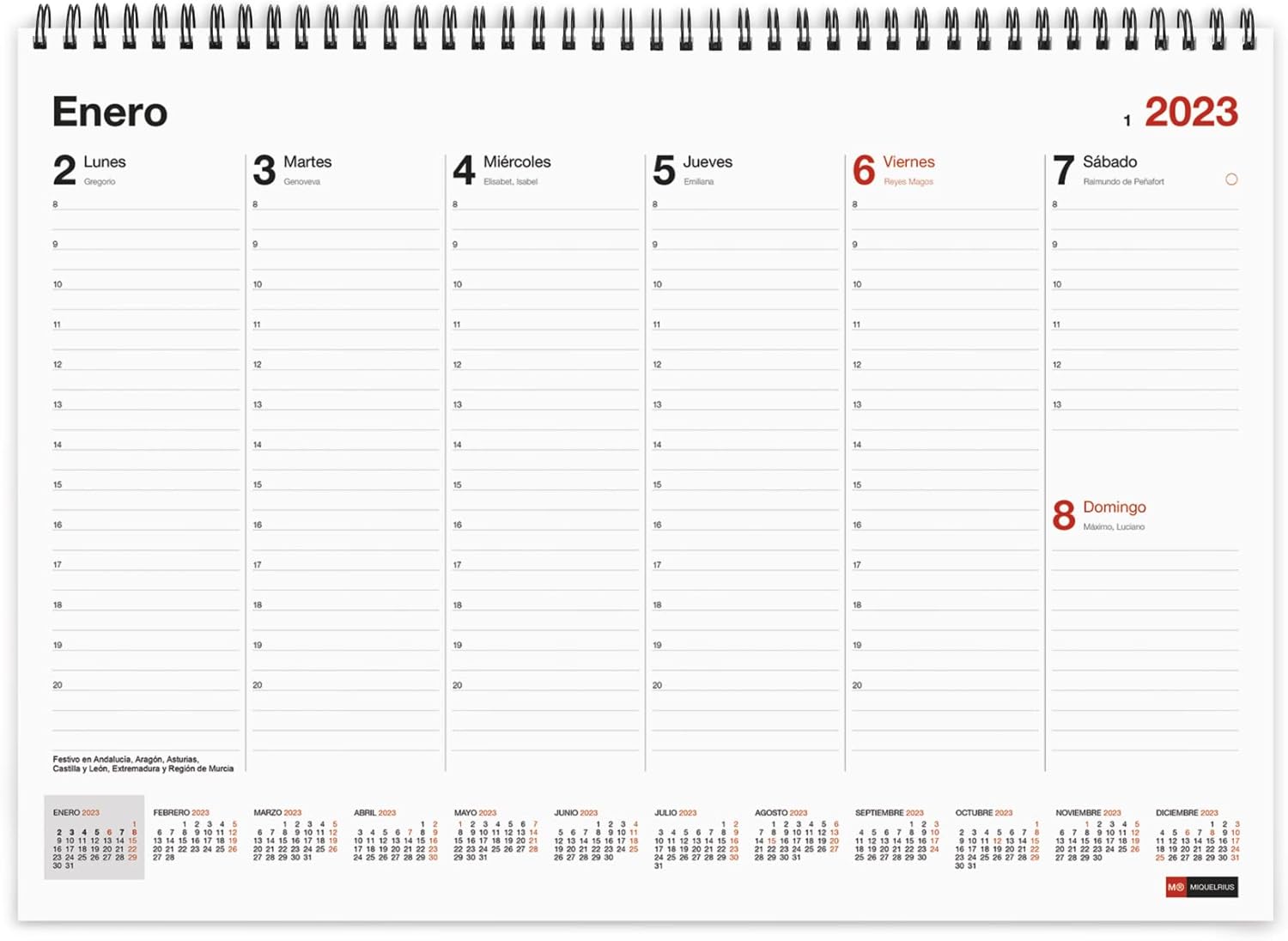 Miquelrius - Planificador semanal 2023 con espiral - Planning semanal - tamaño A3 - con espacio para anotar - Español