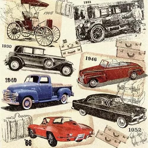 Set of 2 Individual Decoupage Paper Party Napkin Classic Cars Autos Old Watercolor Decor Luncheon Napkins for a Birthday Holiday, Wedding, Cocktail Party