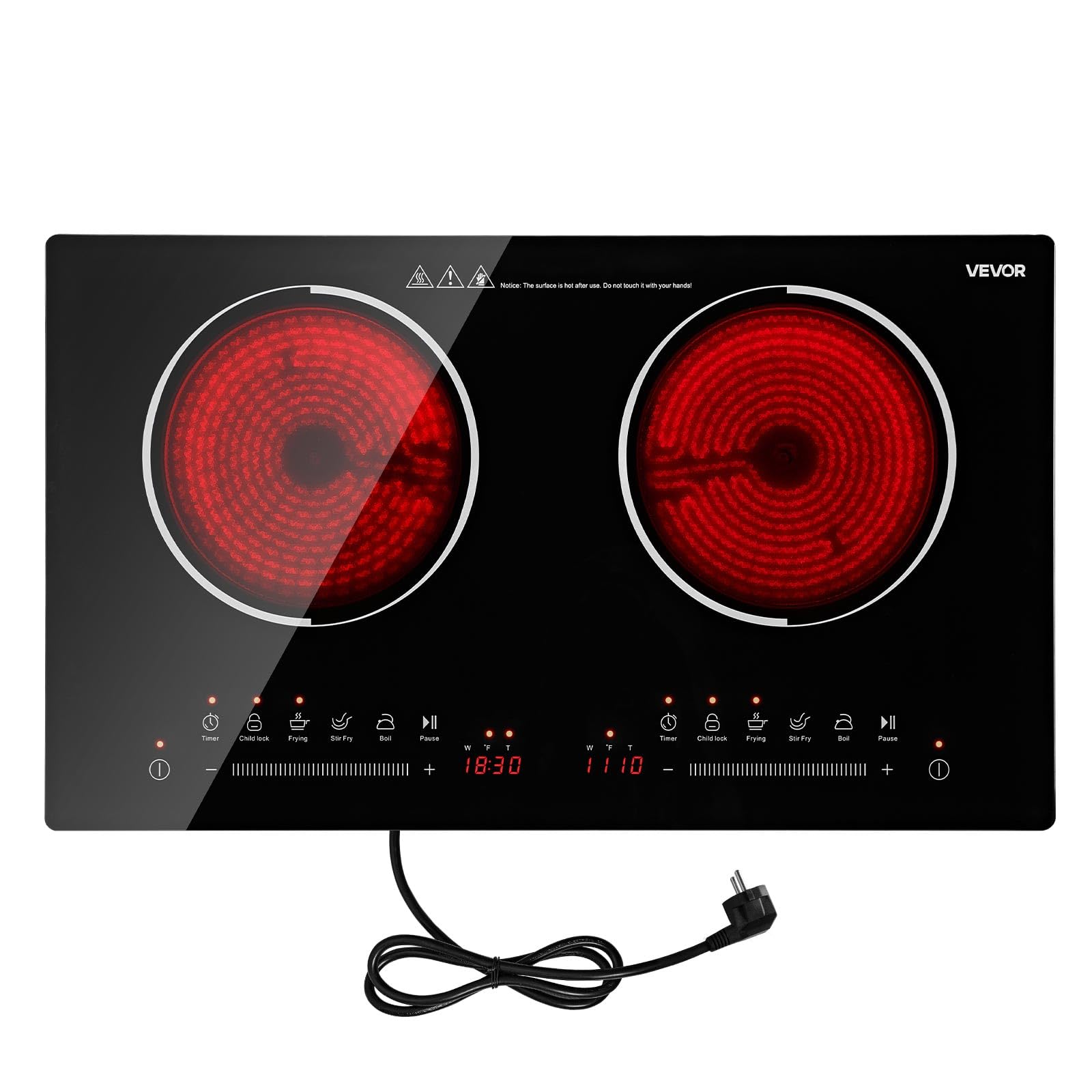 VEVOR 24in 2-Burner Electric Cooktop Built-in Stove Top, Touch Control, 9 Levels, Timer, Child Lock, Single-Ring Ceramic, Portable/Built-in, 110V 1800W US Plug