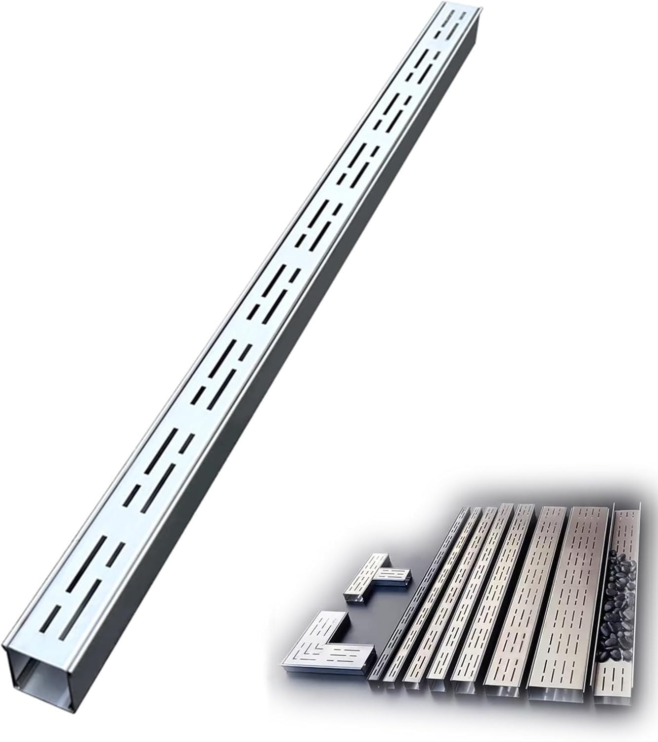 GDMDPTE 1m Channel Drain with Metal Cover End Cap & Adapters - Gutter Diverter for Downspouts Yard Fence Lines Leaf Guard 15x4cm (5.9"x1.6") - Efficient Drainage Solution