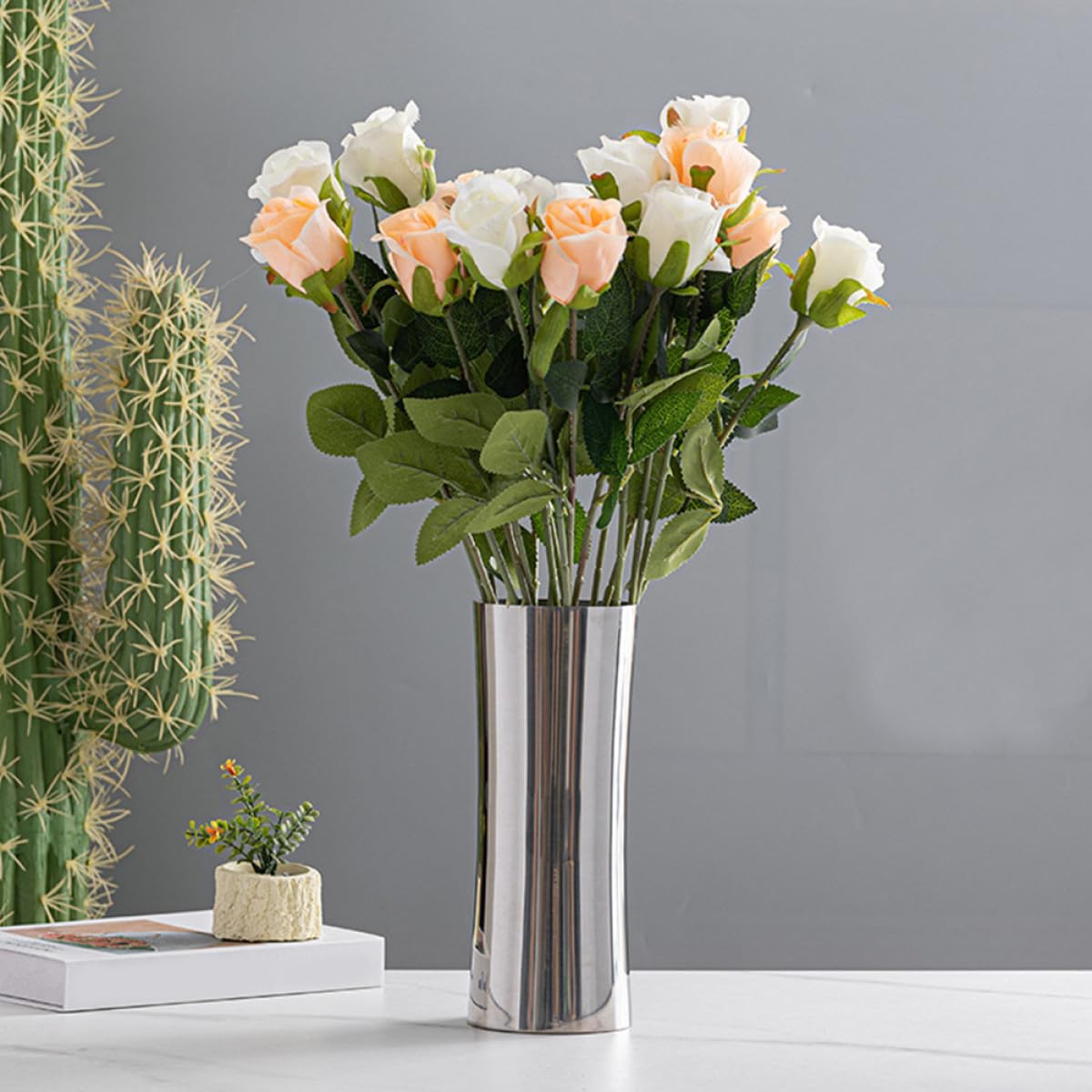 Genérico Jarrón de Espejo de Acero Inoxidable para Centros de Mesa, Florero Decorativo Moderno de Metal Plata Diseño Nórdico Adecuado para Sala y Comedor