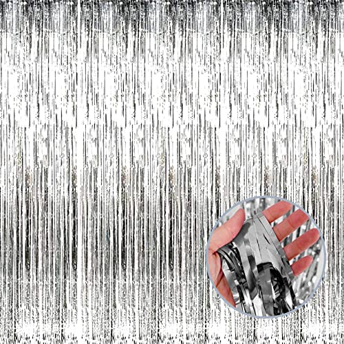 Image of 4 Pack Silver Foil Fringe Curtain Backdrop, 3.28Ft x 8.2Ft Metallic Tinsel Foil Fringe Streamer Curtains for Photo Booth Props, Birthday, Wedding, New Year's, Christmas Decoration Party Supplies