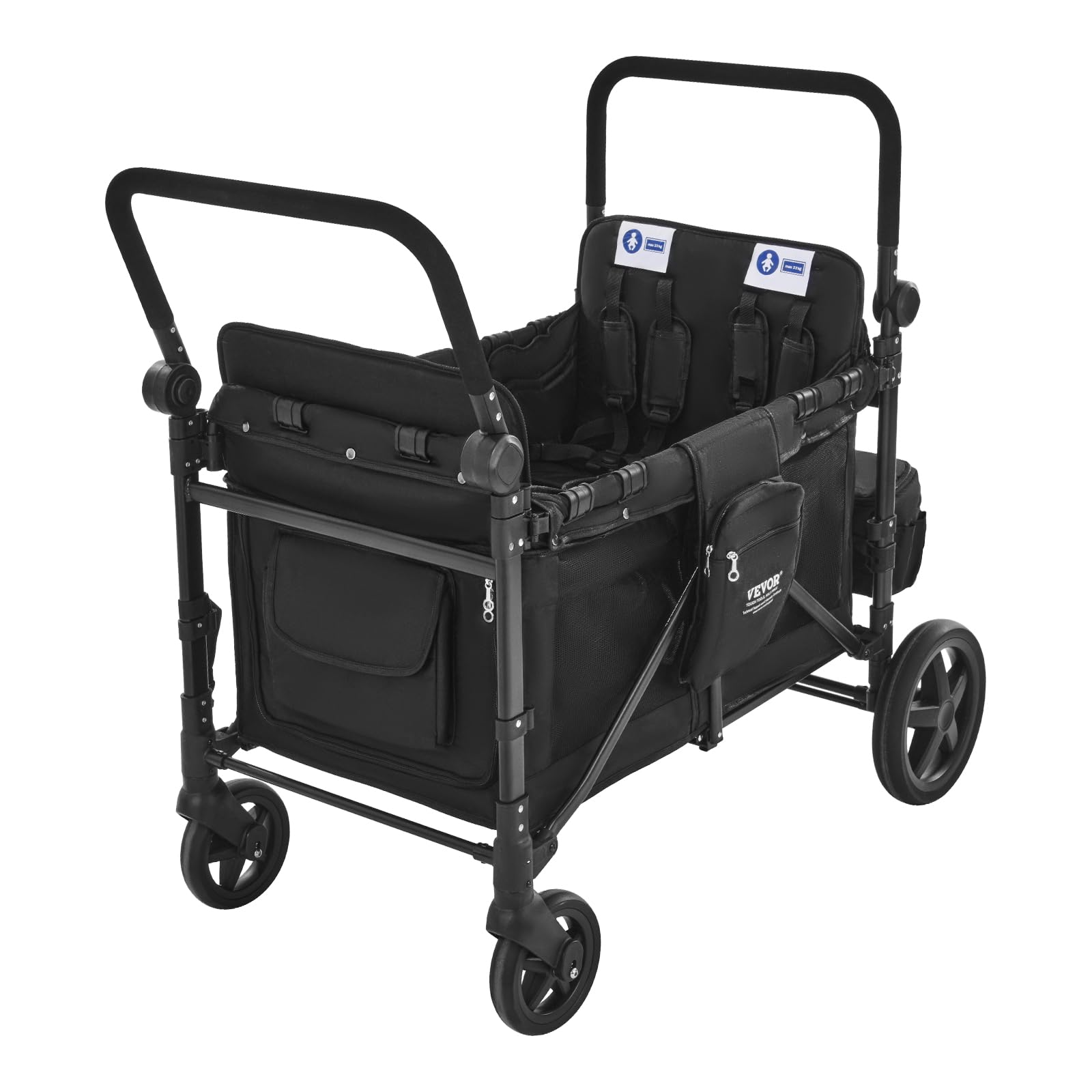 VEVOR Passeggino a Quattro Posti per 4 Bambini, Pieghevole con Maniglia Regolabile, Imbracatura di Sicurezza Tettuccio Rimovibile, Passeggino Bambini Comodo Resistente, Nero, Carico 150 kg