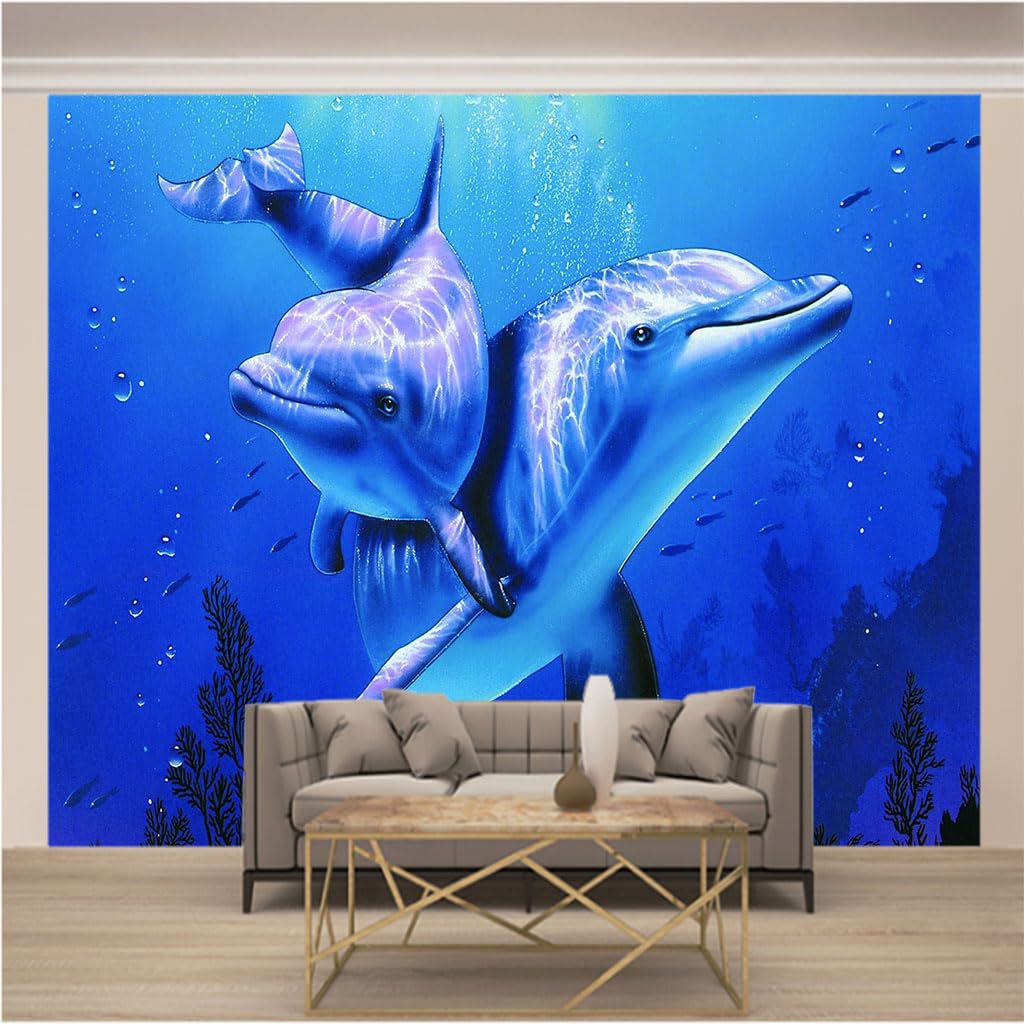 Tapisserie photo moderne bleu dauphins en toison intissée premium XXL