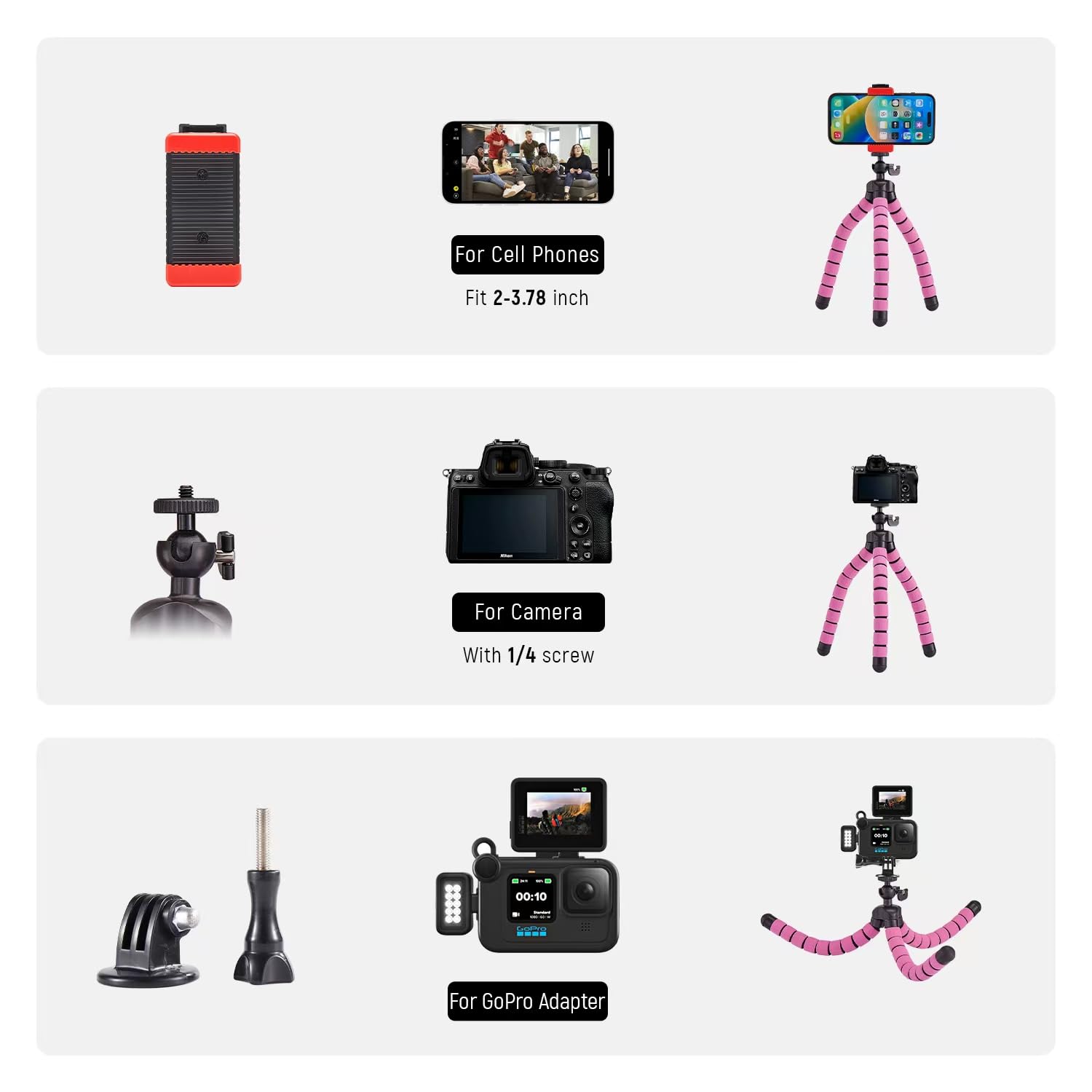 Mini Treppiede Portatile per Telefono Cellulare, Fotocamera, Gopro, Rosa Nero, Alluminio, Compatibile con Smartphone, Fotocamera, Gopro